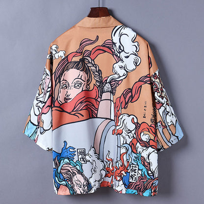 Cartoon Fire Print Casual Vintage Kimono Outerwear Modakawa