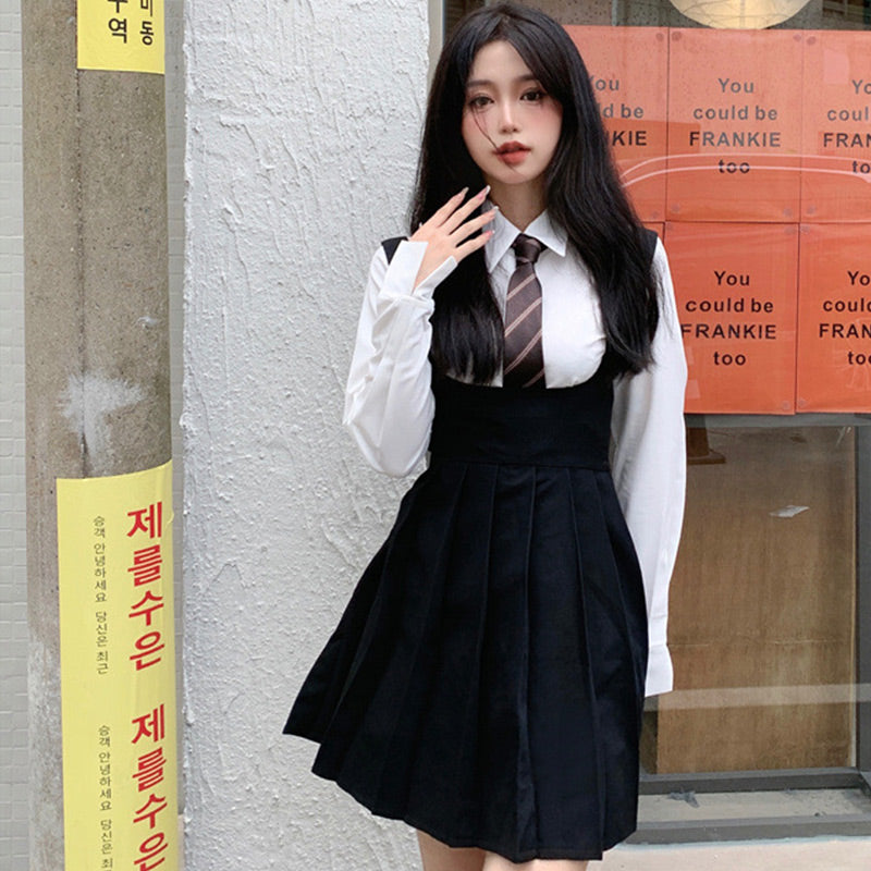 White Shirt Pleated Suspender Skirts Tie Set Modakawa