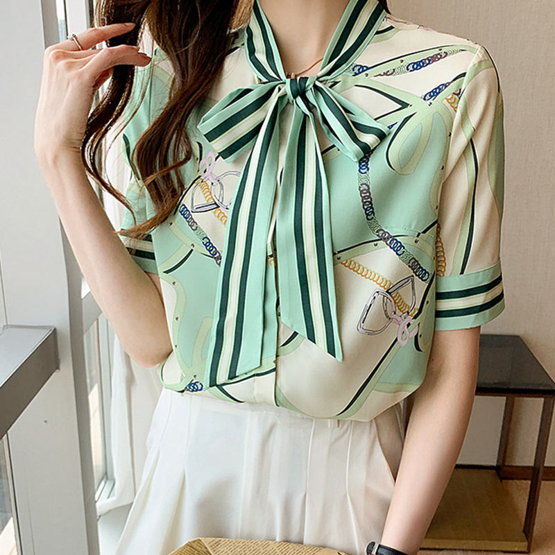 Print Bow Knote Loose Shirt Modakawa