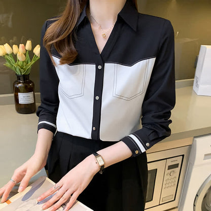 Elegant Colorblock Chiffon Shirt Workwear modakawa