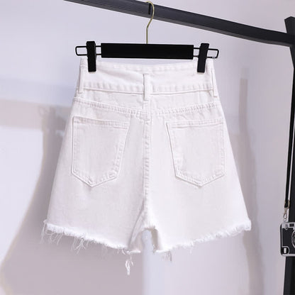 Chic Stripe Pocket Lapel T-Shirt Ripped Denim Shorts modakawa