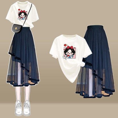 Cartoon Bow Print T-Shirt Irregular Tulle SKirt Set modakawa