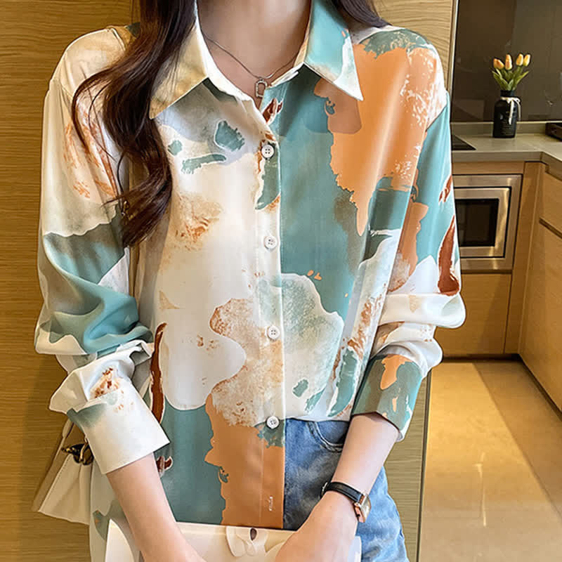 Sweet Colorblock Abstract Print Shirt Workwear modakawa