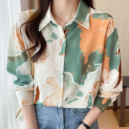 Sweet Colorblock Abstract Print Shirt Workwear modakawa