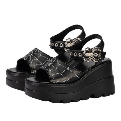 Black Punk Goth Spider Web Buckle Wedge Sandals modakawa