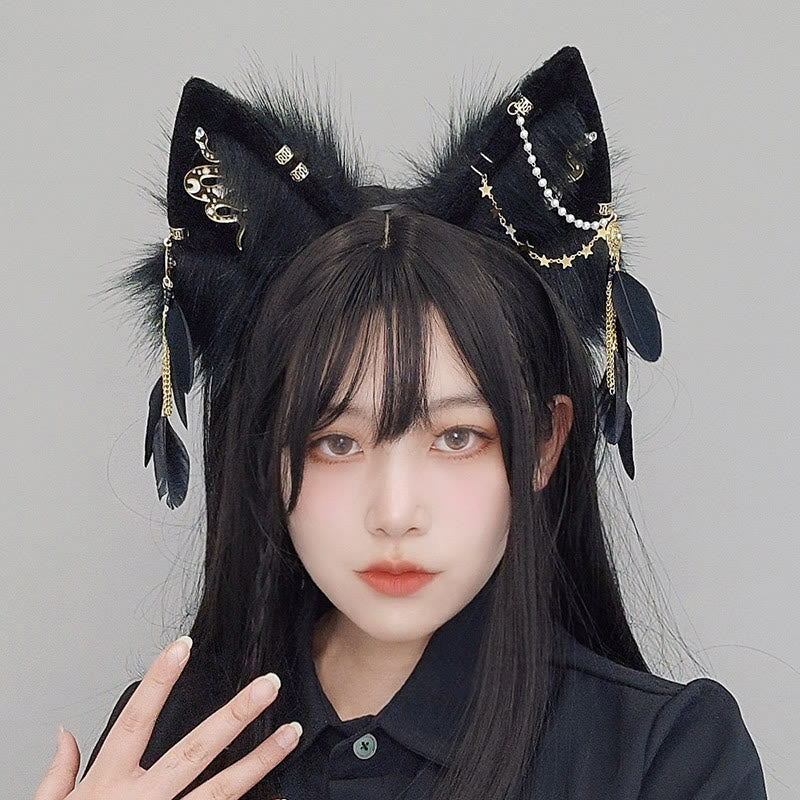 Black Snake Feather Wolf Ears Furry with Chain Headband modakawa