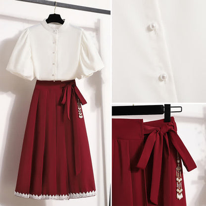 Elegant Pure Color Puff Sleeve T-Shirt Lace Up Pleated Skirt modakawa