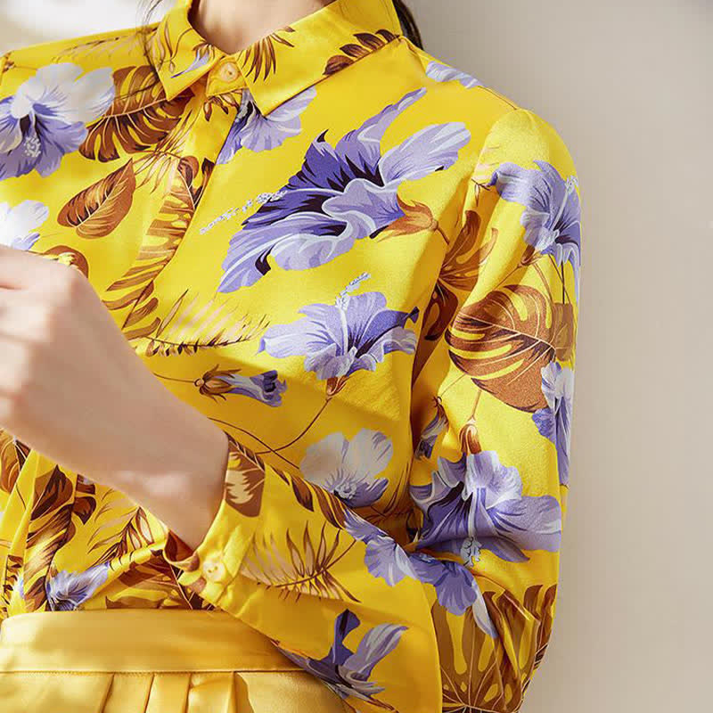 Yellow Flowers Printed Long Sleeve Shirt modakawa