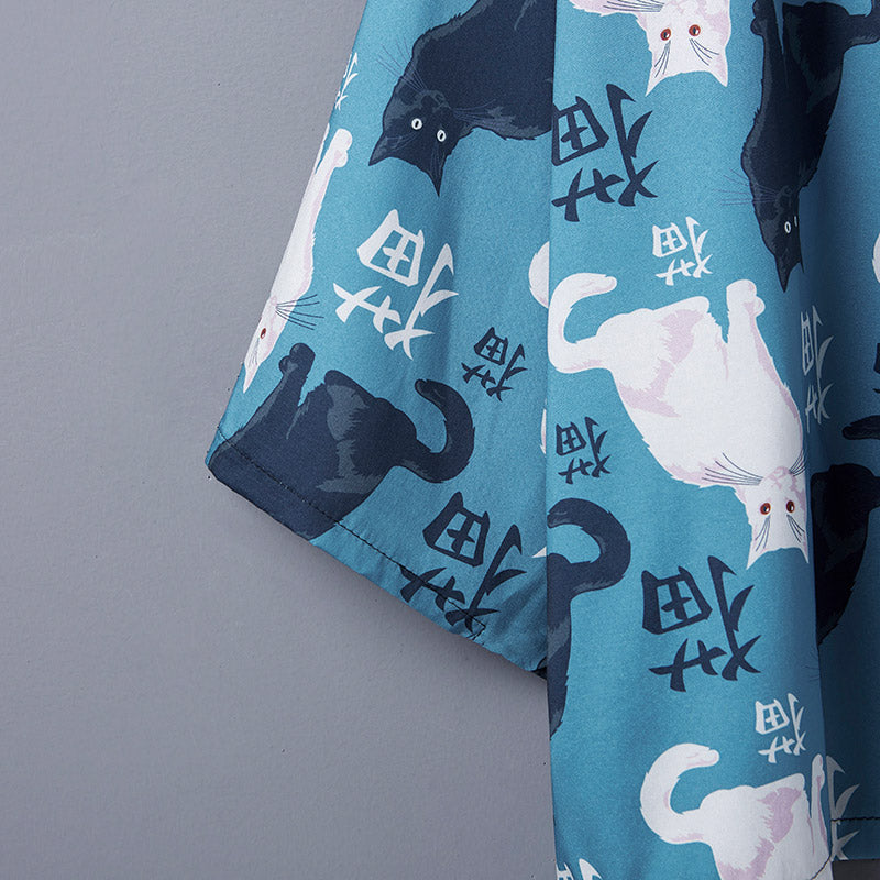 Cute Blue Cat Print Casual Kimono Outerwear Modakawa