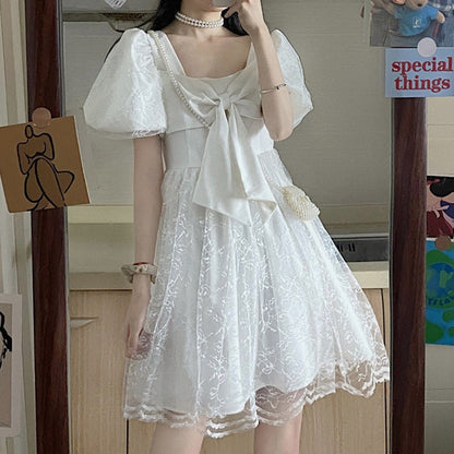 Black Lace Bow Knot Square Collar Tulle Dress modakawa