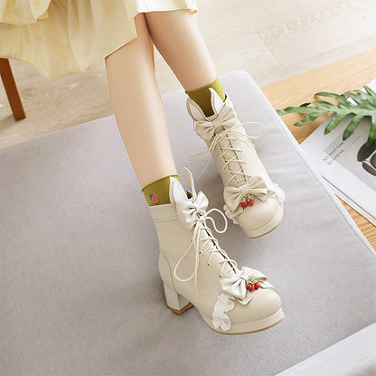 Sweet Strawberry Bow Lolita Lace Up Boots Modakawa