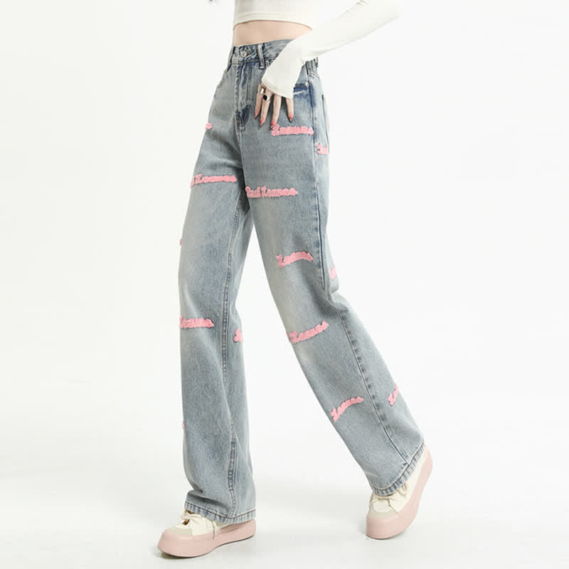 Pink Halter Top Laple Loose Shirt Letter Embroidery Denim Pants modakawa