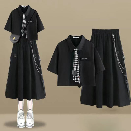 Love Heart Lattice Tie Polo T-Shirt Chain Cargo Skirt modakawa