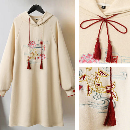 Vintage Fish Embroidery Hooded Dress modakawa