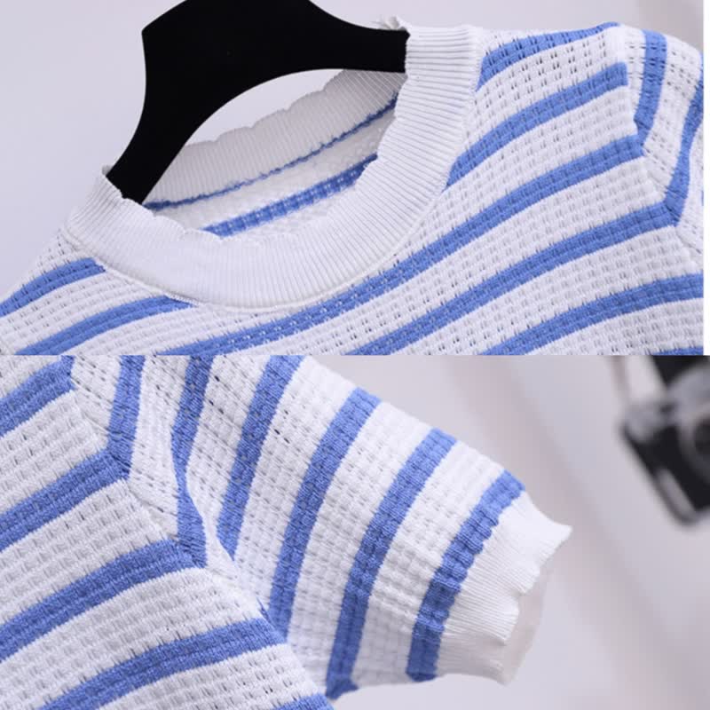 Blue Stripe Knitted T-Shirt High Waist Denim Skirt modakawa