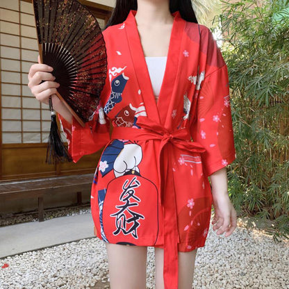 Red Anime Lucky Cat Cardigan Kimono Outerwear modakawa