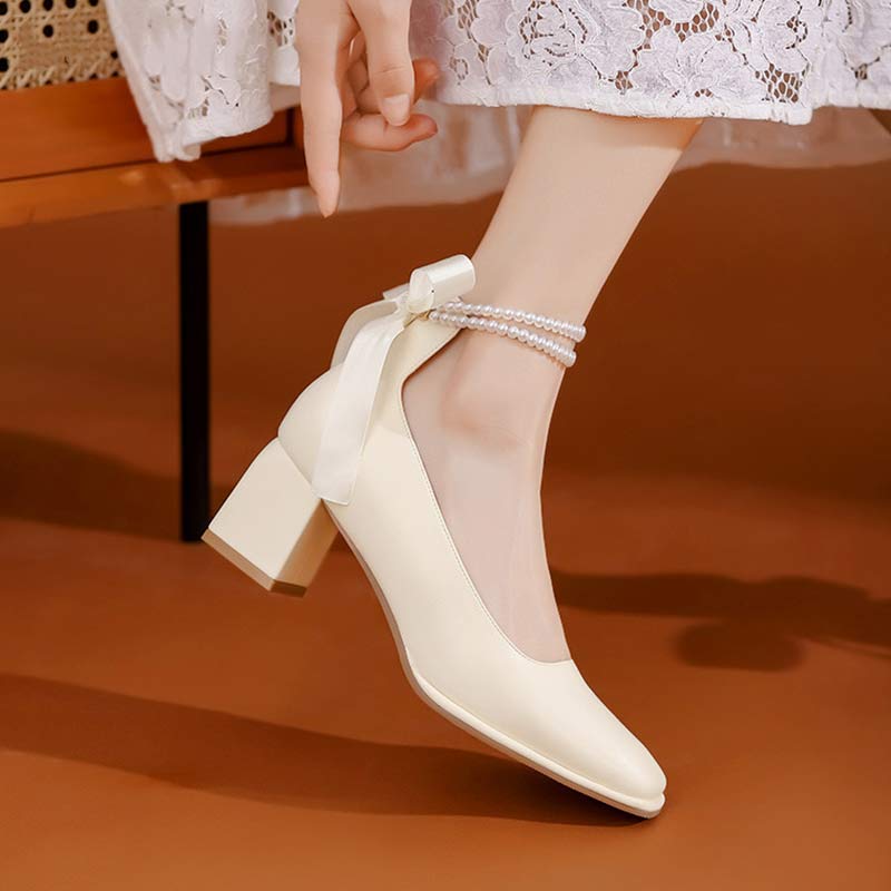 Elegant Pearl Bow High-heeled Shoes Modakawa