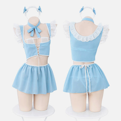 Blue Sexy Lace Up Puff Sleeve Maid Lingerie Set Modakawa