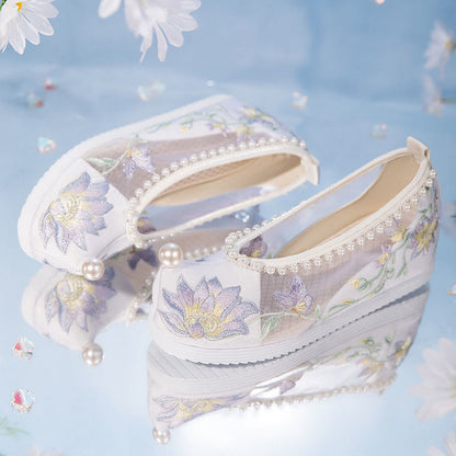 White Floral Embroidery Pearl Decor Mesh Shoes modakawa