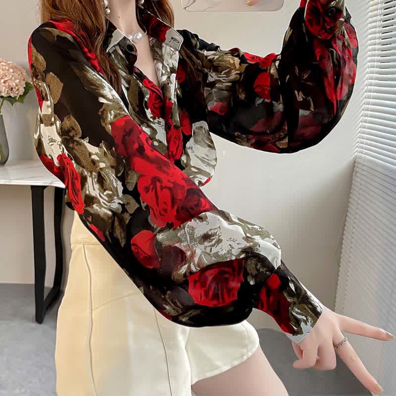 Vintage Red Floral Print Puff Sleeve Shirt Workwear modakawa