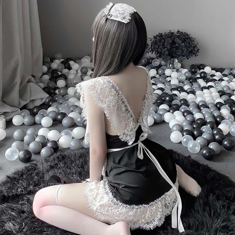 Cosplay Black Bow Maid Deep Lace Lingerie Dress Modakawa