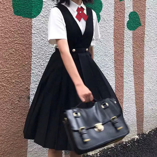 Preppy Style Tie Pleated Suspender Skirt Set Modakawa