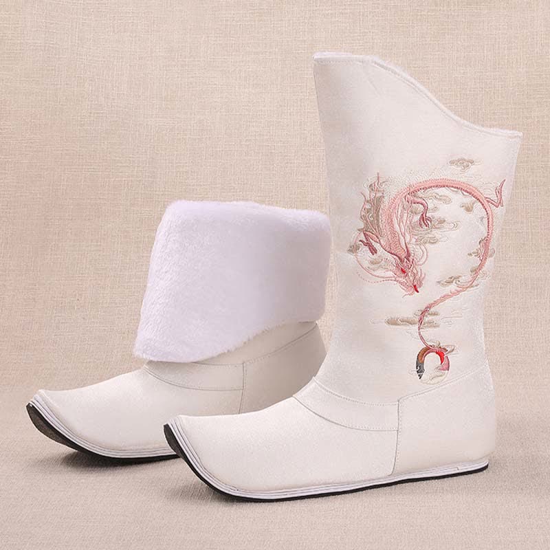 Vintage Dragon Embroidery Pointed Toe Plush Boots modakawa