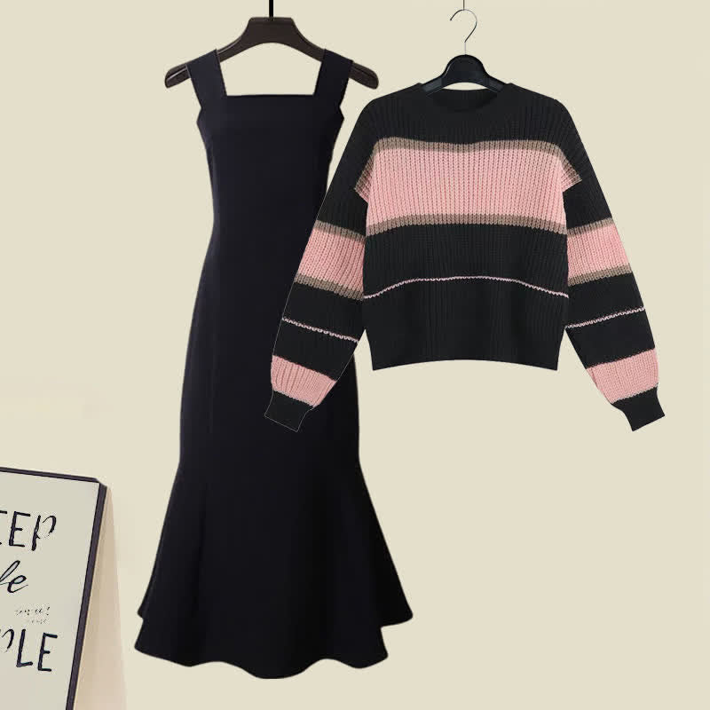 Pink Colorblock Stripe Lace Up Sweater Fishtail Slip Dress modakawa