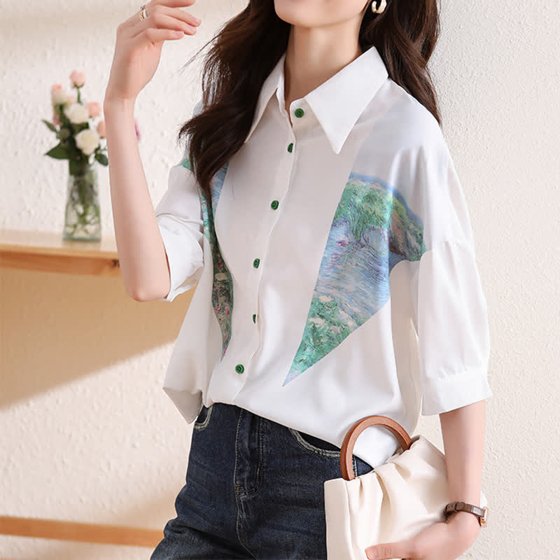 Chic Painting Print Chiffon Lapel Shirt modakawa