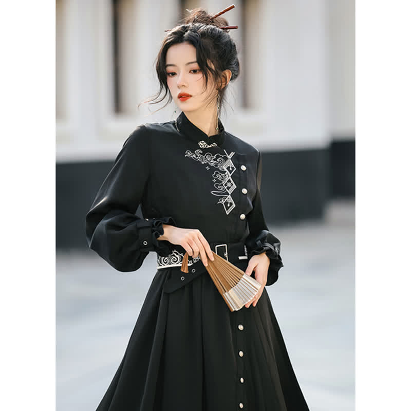 Elegant Black Vintage Embroidery Belted Pleated Dress modakawa