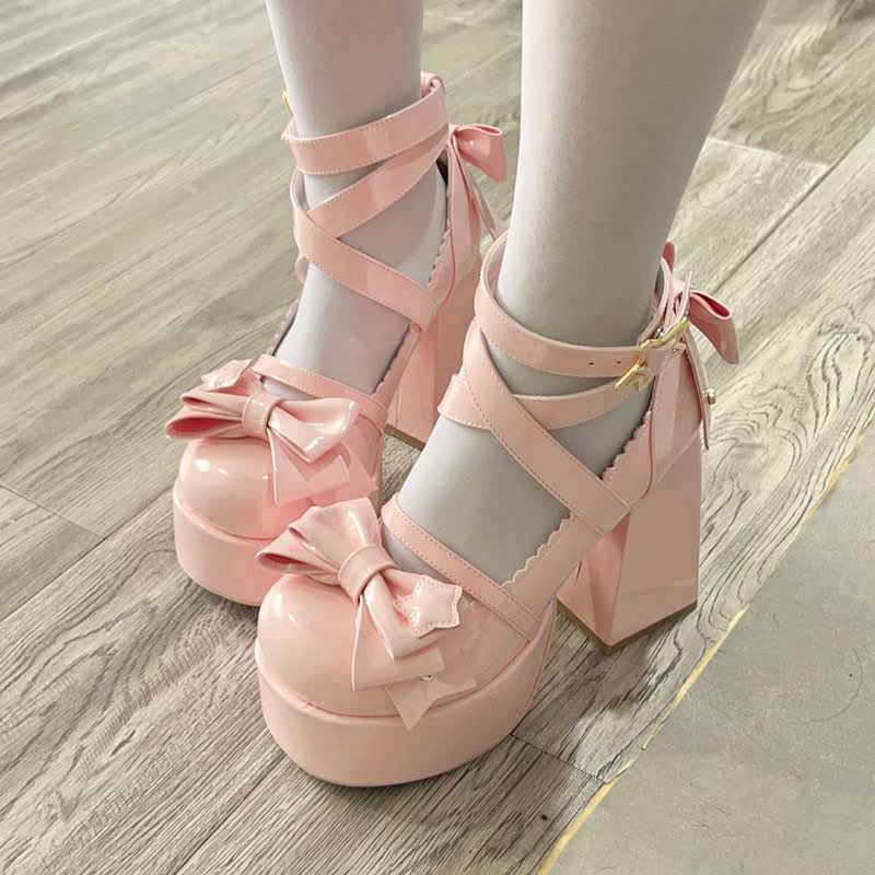 Bow Knot Star Buckle Lolita High-heeled Shoes modakawa