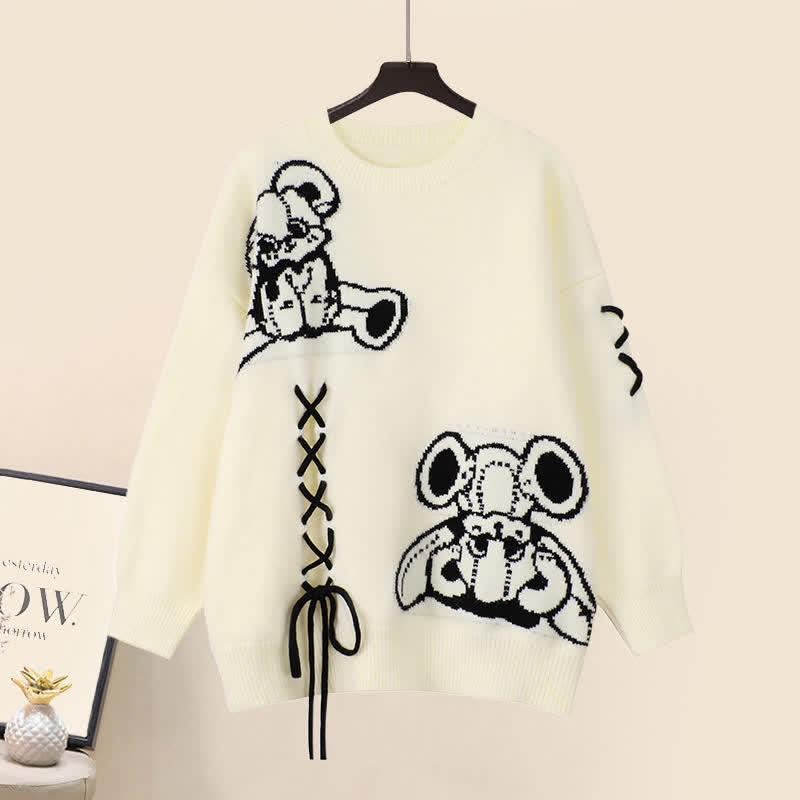 Cartoon Bear Lace Up Sweater Pleated Skirt Set modakawa