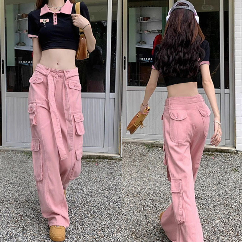 Vintage Love Heart Crop T-Shirt Pink Cargo Pants modakawa