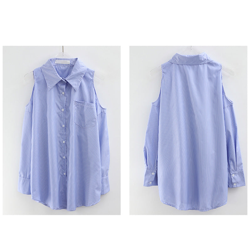 Chic Blue Striped Hollow Out Lapel Shirt Modakawa