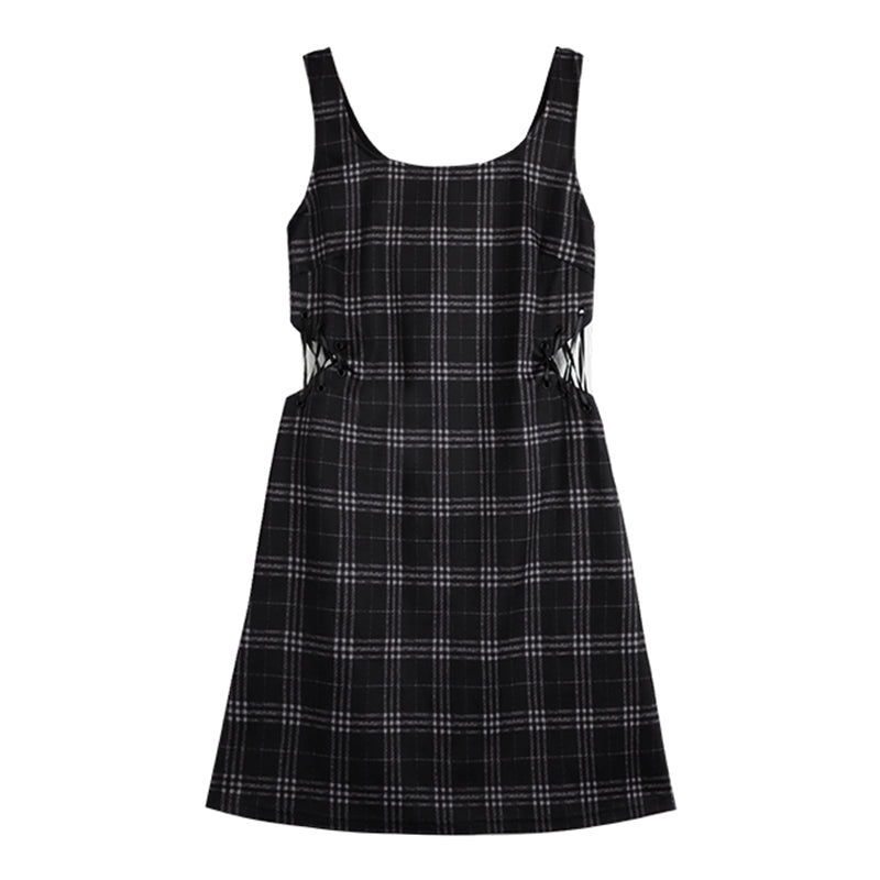 Love Heart Hollow Out T-Shirt Lace Up Plaid Dress Set Modakawa