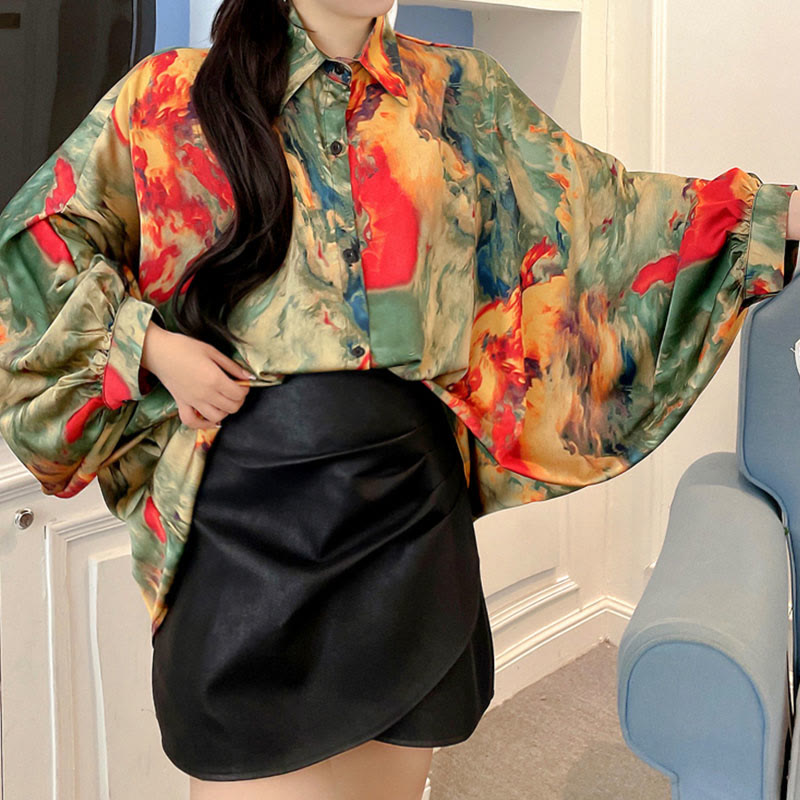 Vintage Floral Batwing Sleeve Lapel Shirt Workwear modakawa