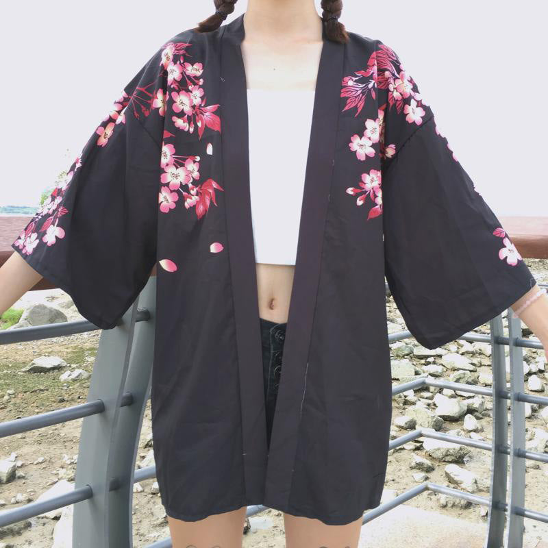 Black Fish Floral Kimono Outerwear Sun Protective modakawa