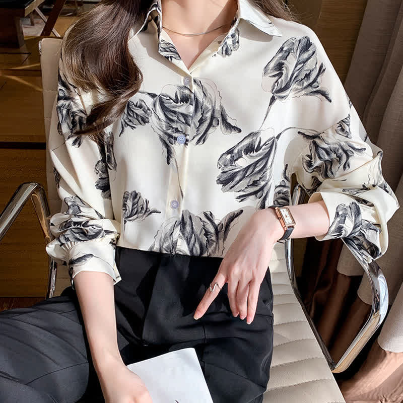 Ink Painting Blossom Print Lapel Shirt modakawa