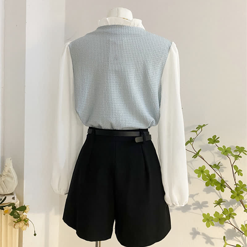 Chic Chiffon Sleeve Shirt High Waist Belted Pleated Skirt modakawa