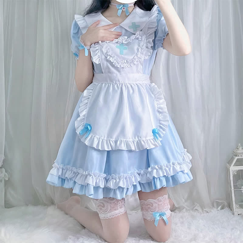 Kawaii Cross Print Ruffled Maid Lolita Dress Set Modakawa