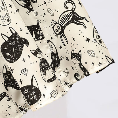 Kitty Print Cold Shouder Chiffon Shirt Casual Denim Shorts modakawa