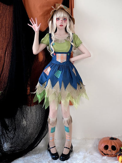 Halloween Green Blouse and Blue Dress Scarecrow Costume mySite