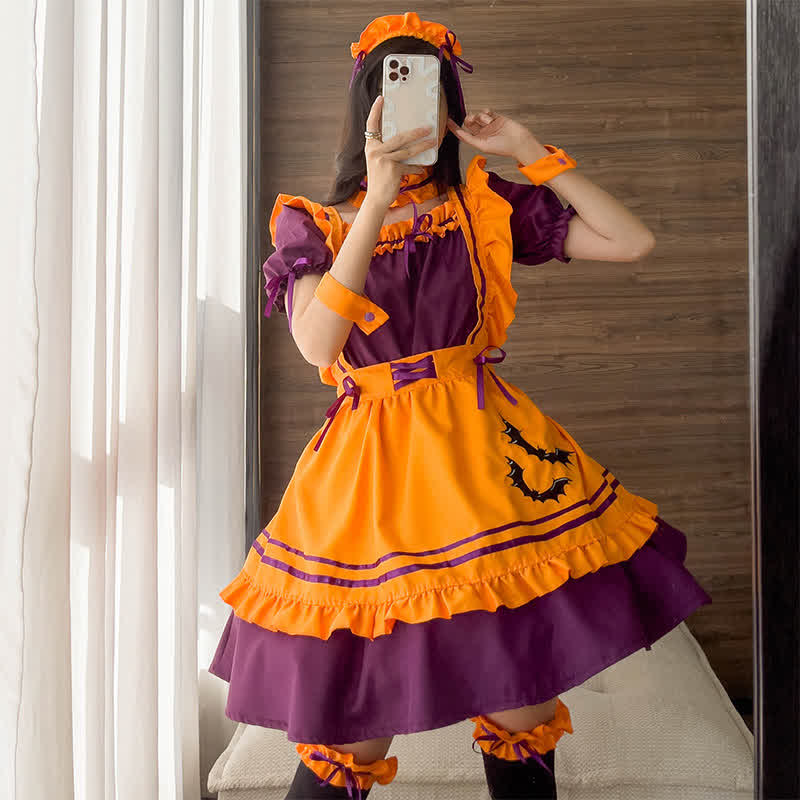 Cute Bat Embroidery Lace Up Ruffled Maid Dress Modakawa