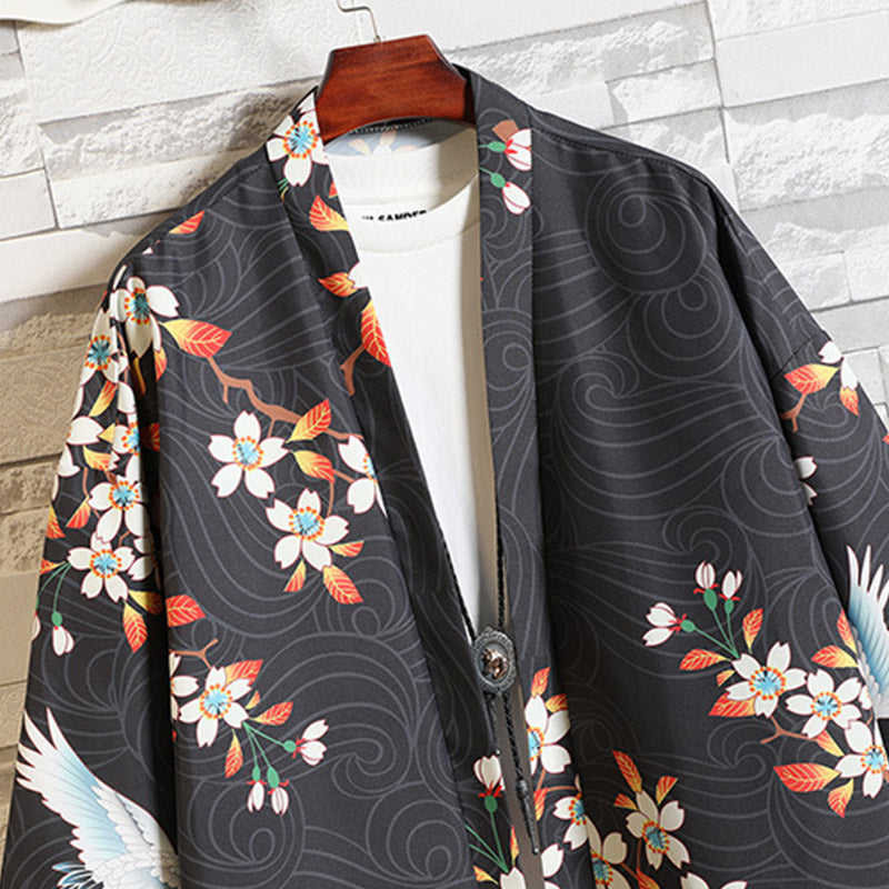 Floral Crane Sun Cardigan Kimono Outerwear Shorts Set Modakawa