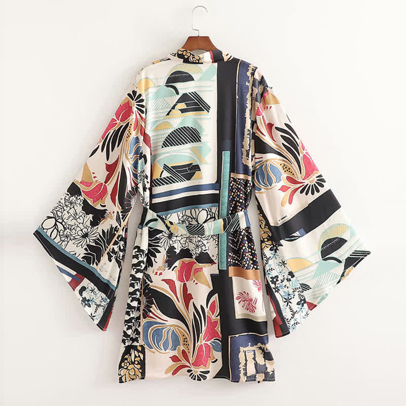 Colorblock Print Cardigan Kimono Outerwear Wide Leg Pants modakawa