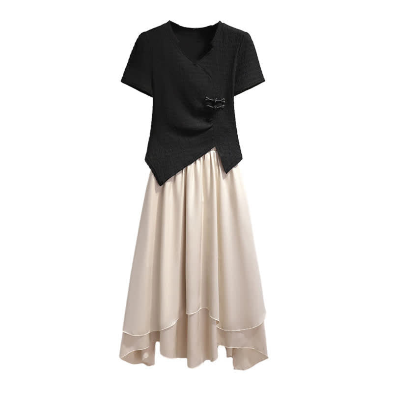 Elegant Buckle Irregular T-Shirt Layered Midi Skirt Set modakawa