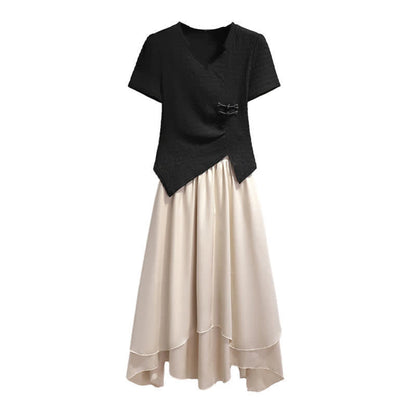 Elegant Buckle Irregular T-Shirt Layered Midi Skirt Set modakawa