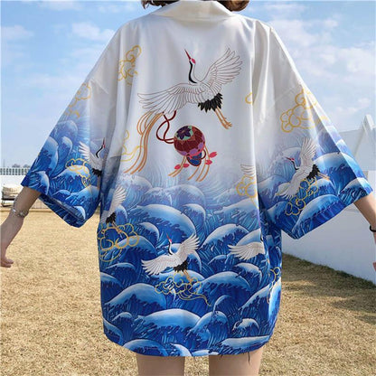 Crane Print Belted Kimono Outerwear Sun Protective Modakawa