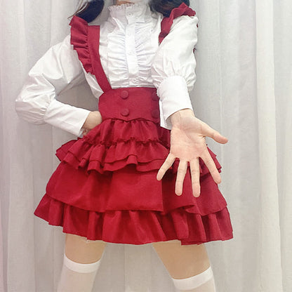 Lolita Red Button Ruffled Shirt Bubble Overalls Skirt Set Modakawa