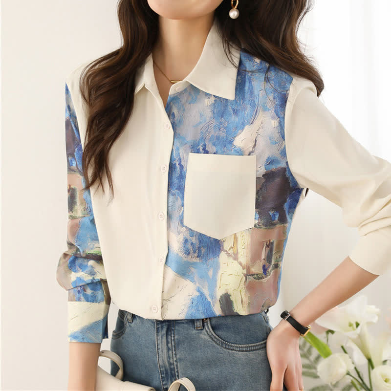 Irregular Printing Chiffon Pocket Lapel Shirt modakawa